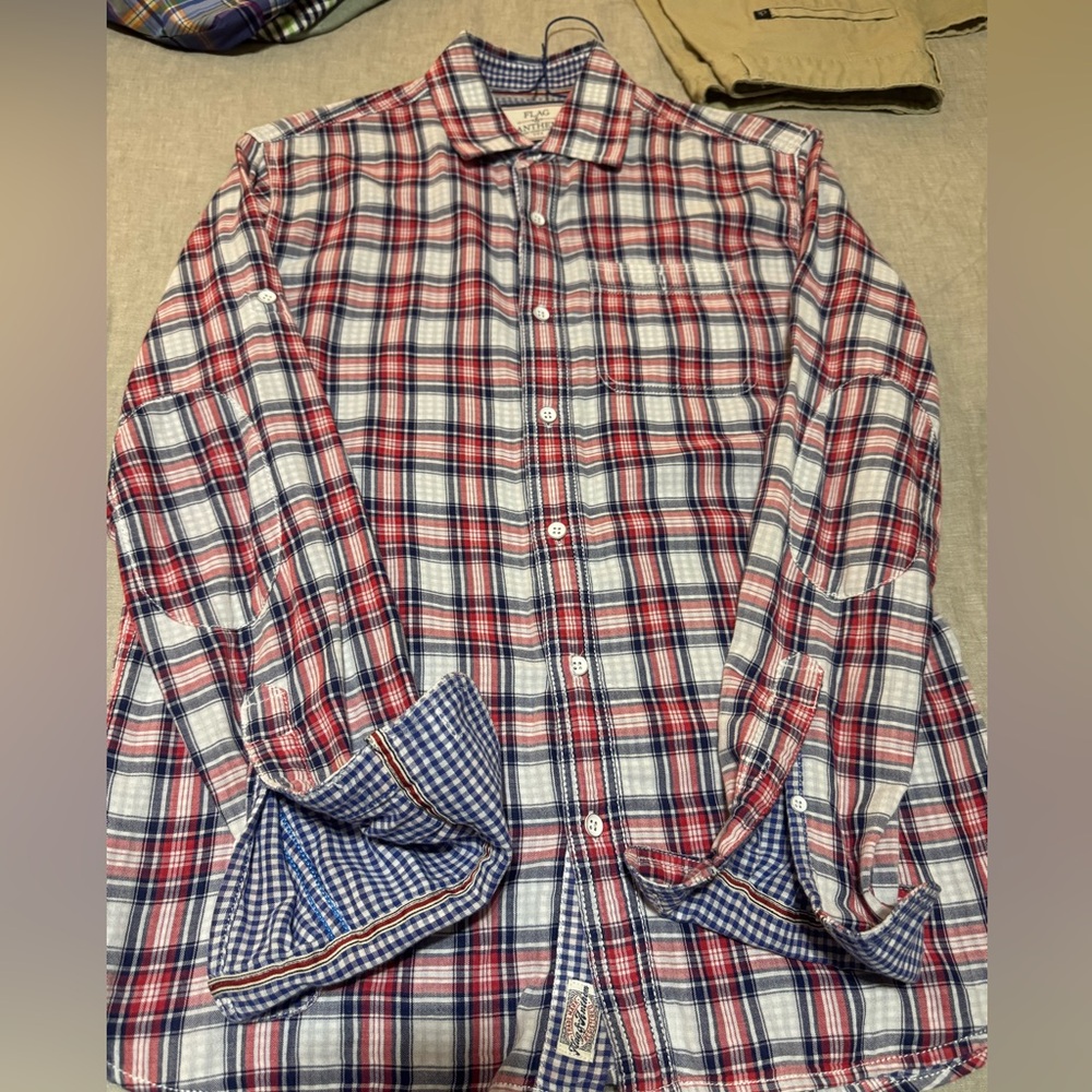 Men's Flag and Anthem Red and Blue Plaid Shirt size Small